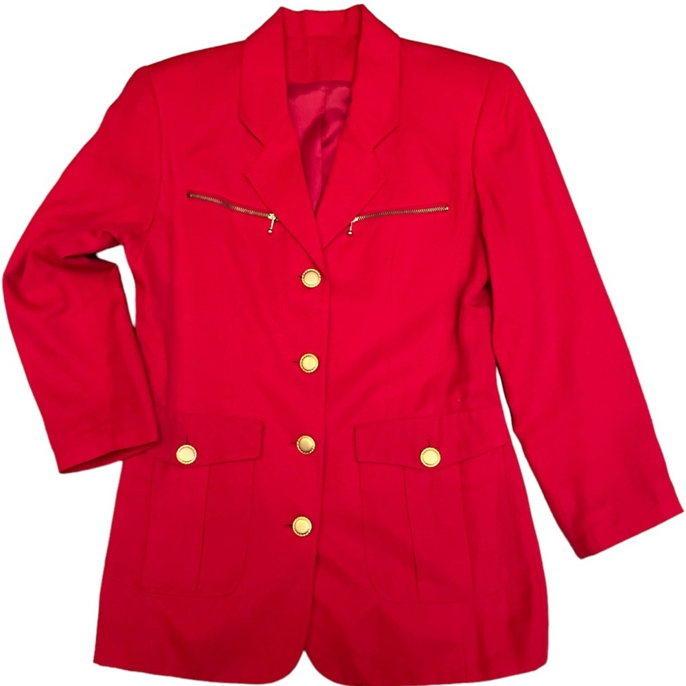 ✨VINTAGE✨ 80s Red Blazer w Gold Buttons and Zippers, Front Pockets w Pleats XS S